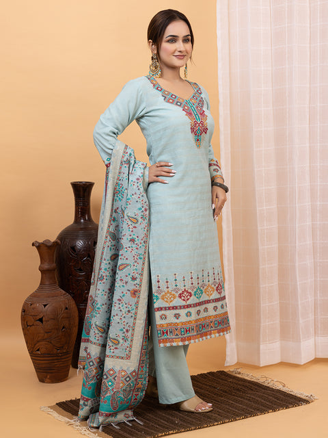 Kidar Ethnic Weave & Embordered Straight Kurta with Pant & Dupatta - Sky-Blue
