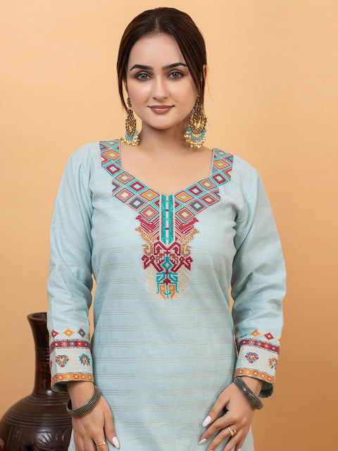 Kidar Ethnic Weave & Embordered Straight Kurta with Pant & Dupatta - Sky-Blue