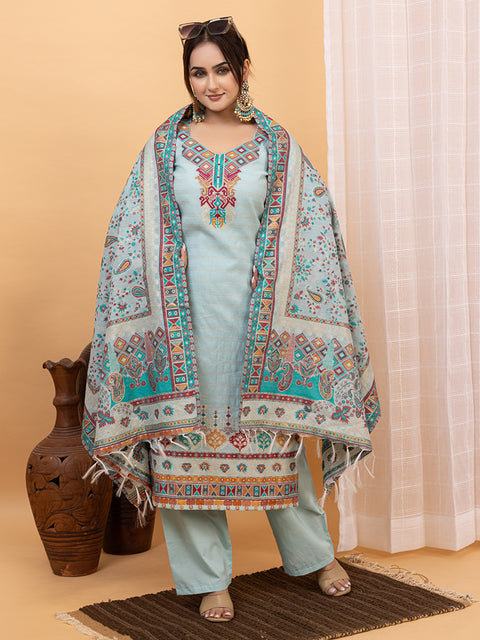 Kidar Ethnic Weave & Embordered Straight Kurta with Pant & Dupatta - Sky-Blue