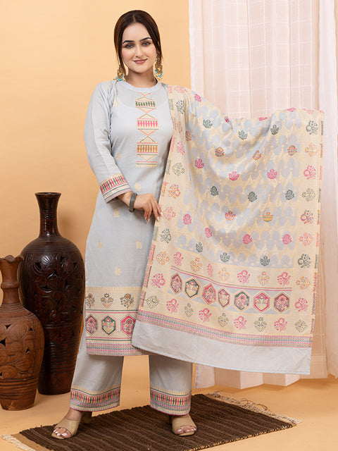 Kidar Ethnic Weave & Embordered Straight Kurta with Pant & Dupatta - GREY