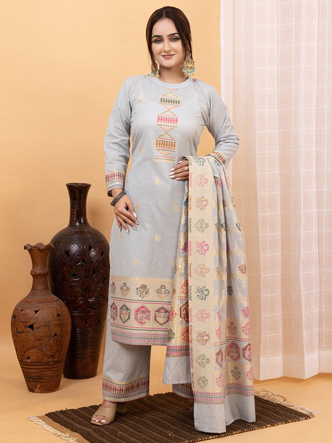 Kidar Ethnic Weave & Embordered Straight Kurta with Pant & Dupatta - GREY