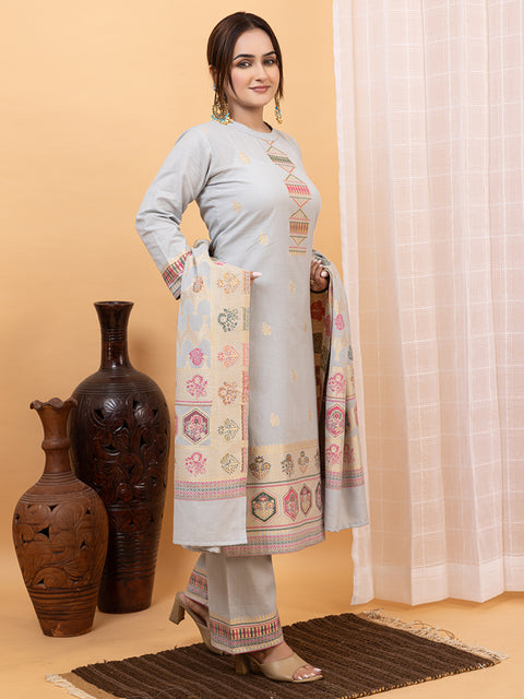 Kidar Ethnic Weave & Embordered Straight Kurta with Pant & Dupatta - GREY