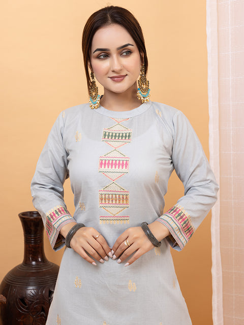 Kidar Ethnic Weave & Embordered Straight Kurta with Pant & Dupatta - GREY