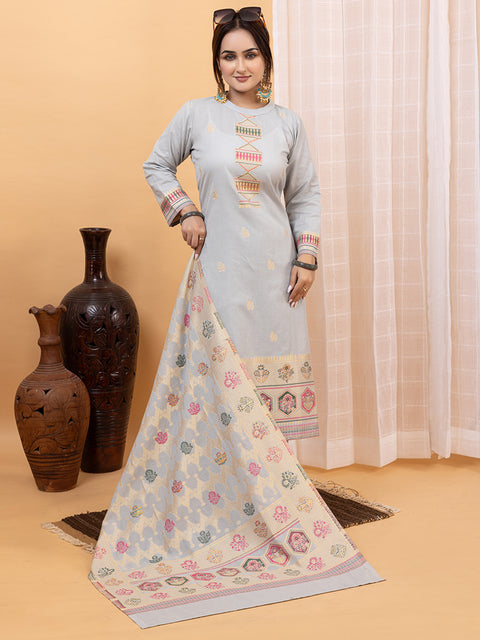 Kidar Ethnic Weave & Embordered Straight Kurta with Pant & Dupatta - GREY