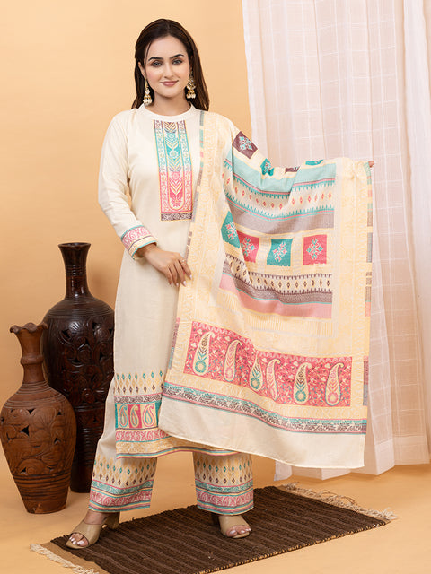 Kidar White Organic Cotton Pant Suit with Weave design Dupatta