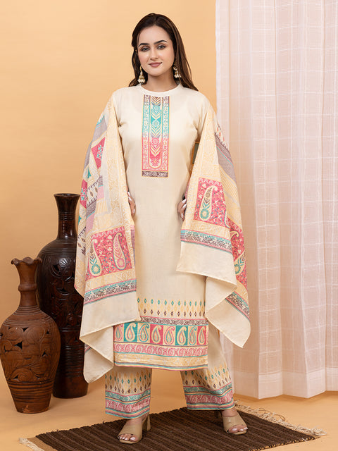 Kidar White Organic Cotton Pant Suit with Weave design Dupatta