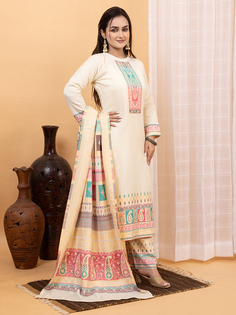 Kidar White Organic Cotton Pant Suit with Weave design Dupatta
