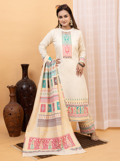 Kidar White Organic Cotton Pant Suit with Weave design Dupatta