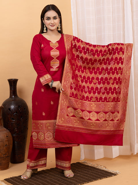 Kidar Ethnic Weave & Embordered Straight Kurta with Pant & Dupatta - MEHROON