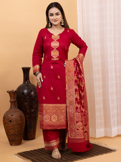 Kidar Ethnic Weave & Embordered Straight Kurta with Pant & Dupatta - MEHROON