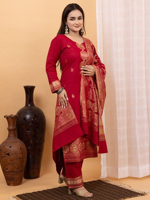 Kidar Ethnic Weave & Embordered Straight Kurta with Pant & Dupatta - MEHROON