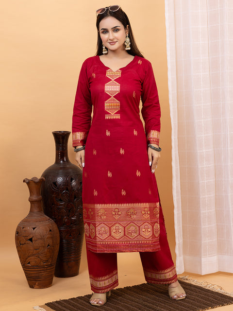 Kidar Ethnic Weave & Embordered Straight Kurta with Pant & Dupatta - MEHROON