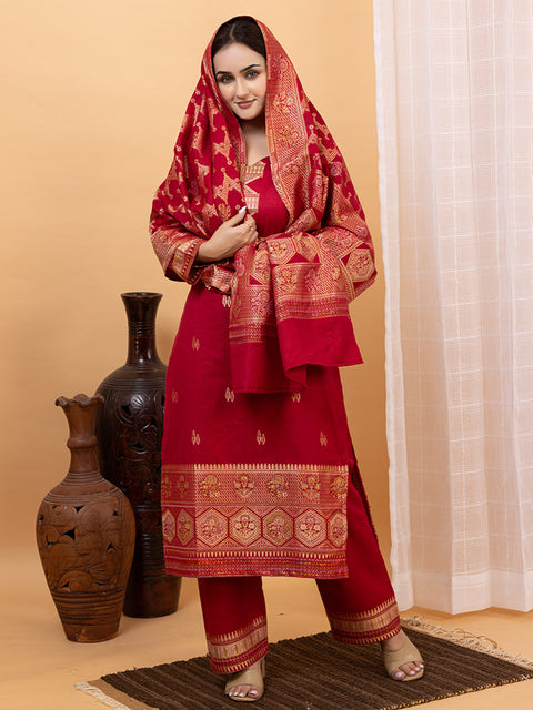 Kidar Ethnic Weave & Embordered Straight Kurta with Pant & Dupatta - MEHROON
