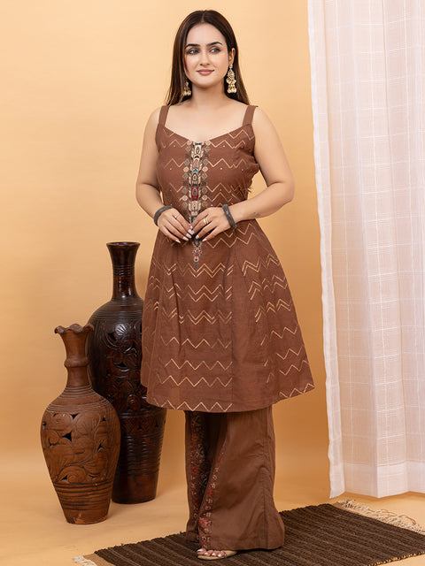 Brown Kurti Co-Ord Set with Stylish Cropped Jacket and Wide-Leg Palazzo Pants