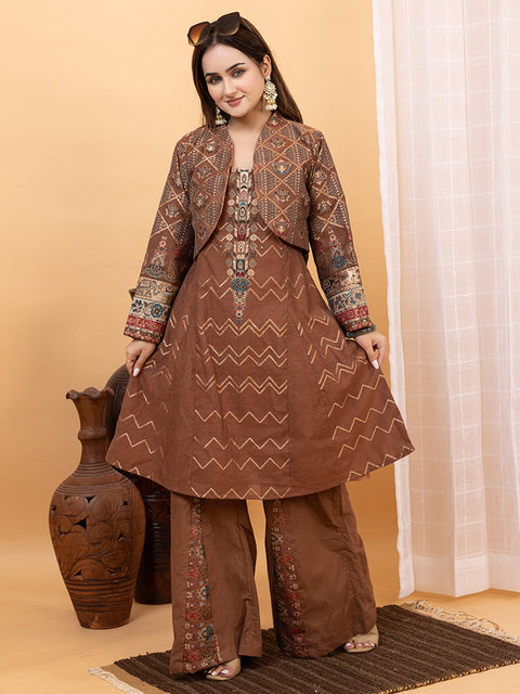 Brown Kurti Co-Ord Set with Stylish Cropped Jacket and Wide-Leg Palazzo Pants