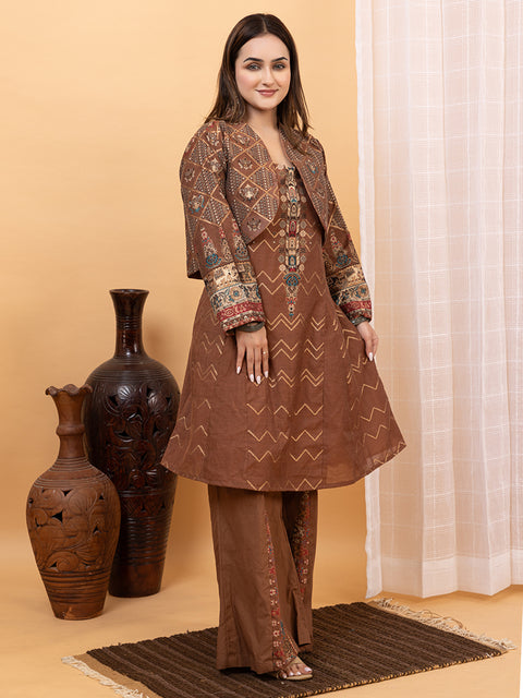 Brown Kurti Co-Ord Set with Stylish Cropped Jacket and Wide-Leg Palazzo Pants