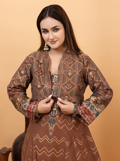 Brown Kurti Co-Ord Set with Stylish Cropped Jacket and Wide-Leg Palazzo Pants