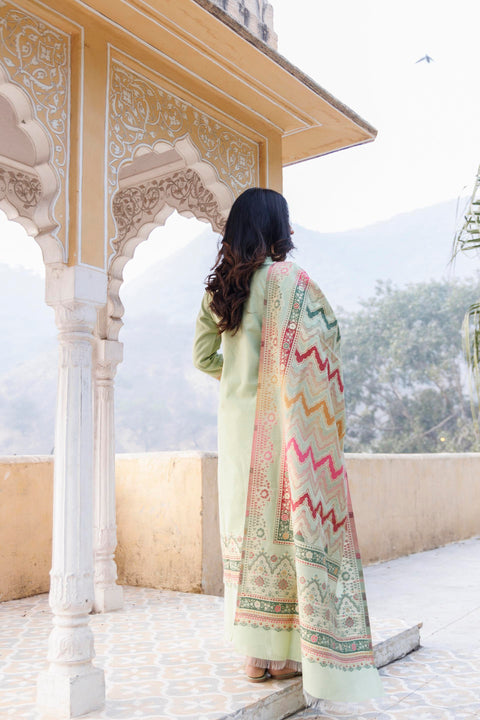 Kidar Ethnic Weave & Embordered Straight Kurta with Pant & Dupatta - Pista