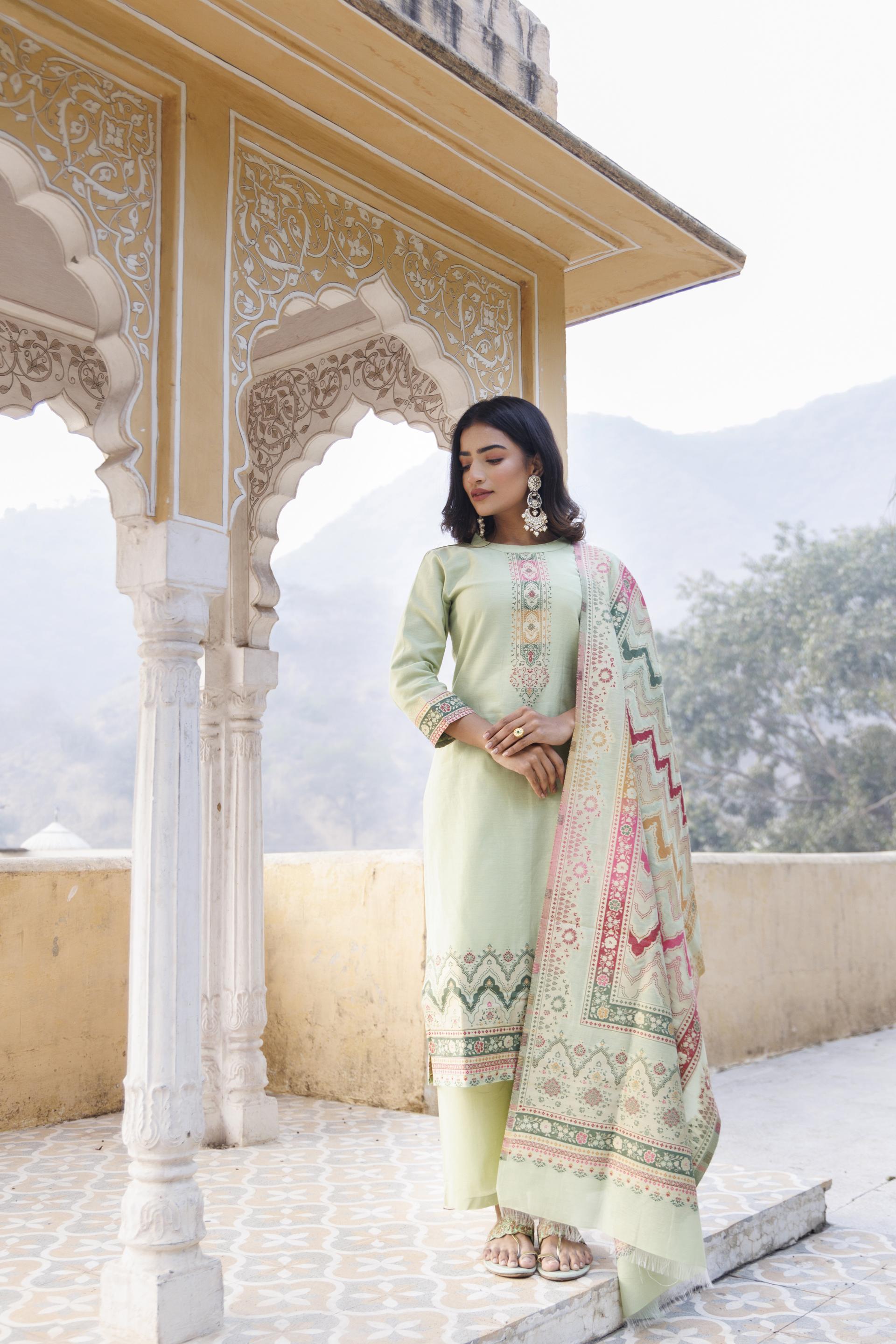 Kidar Ethnic Printed & Embrodered Straight Kurta with Pant & Dupatta - Pista