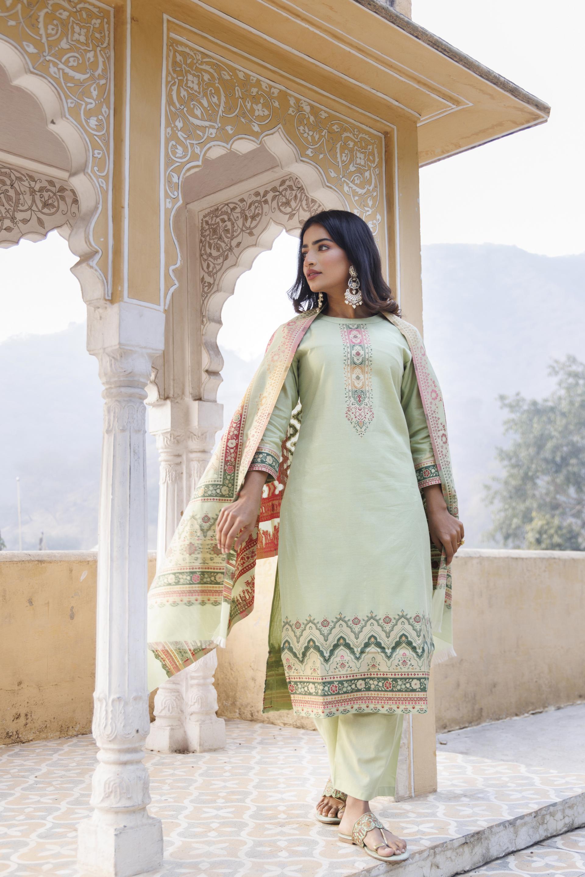 Kidar Ethnic Printed & Embrodered Straight Kurta with Pant & Dupatta - Pista