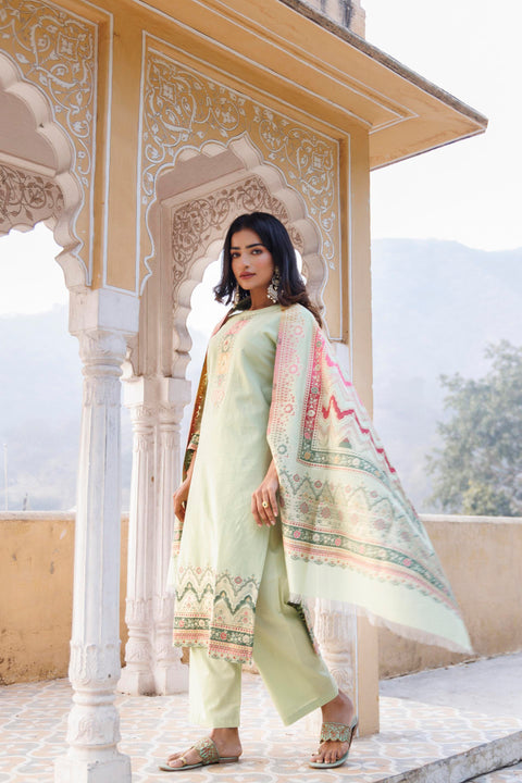Kidar Ethnic Weave & Embordered Straight Kurta with Pant & Dupatta - Pista