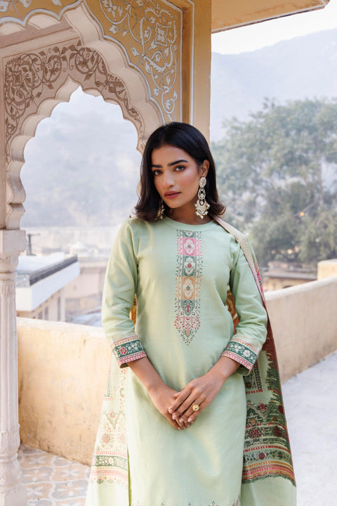 Kidar Ethnic Weave & Embordered Straight Kurta with Pant & Dupatta - Pista