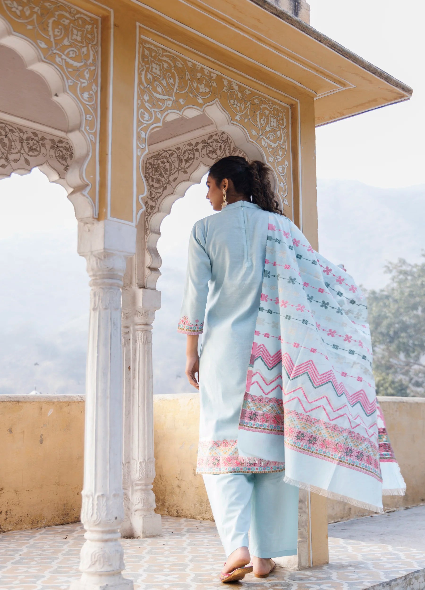 Kidar Ethnic Printed & Embrodered Straight Kurta with Pant & Dupatta - Sky Blue