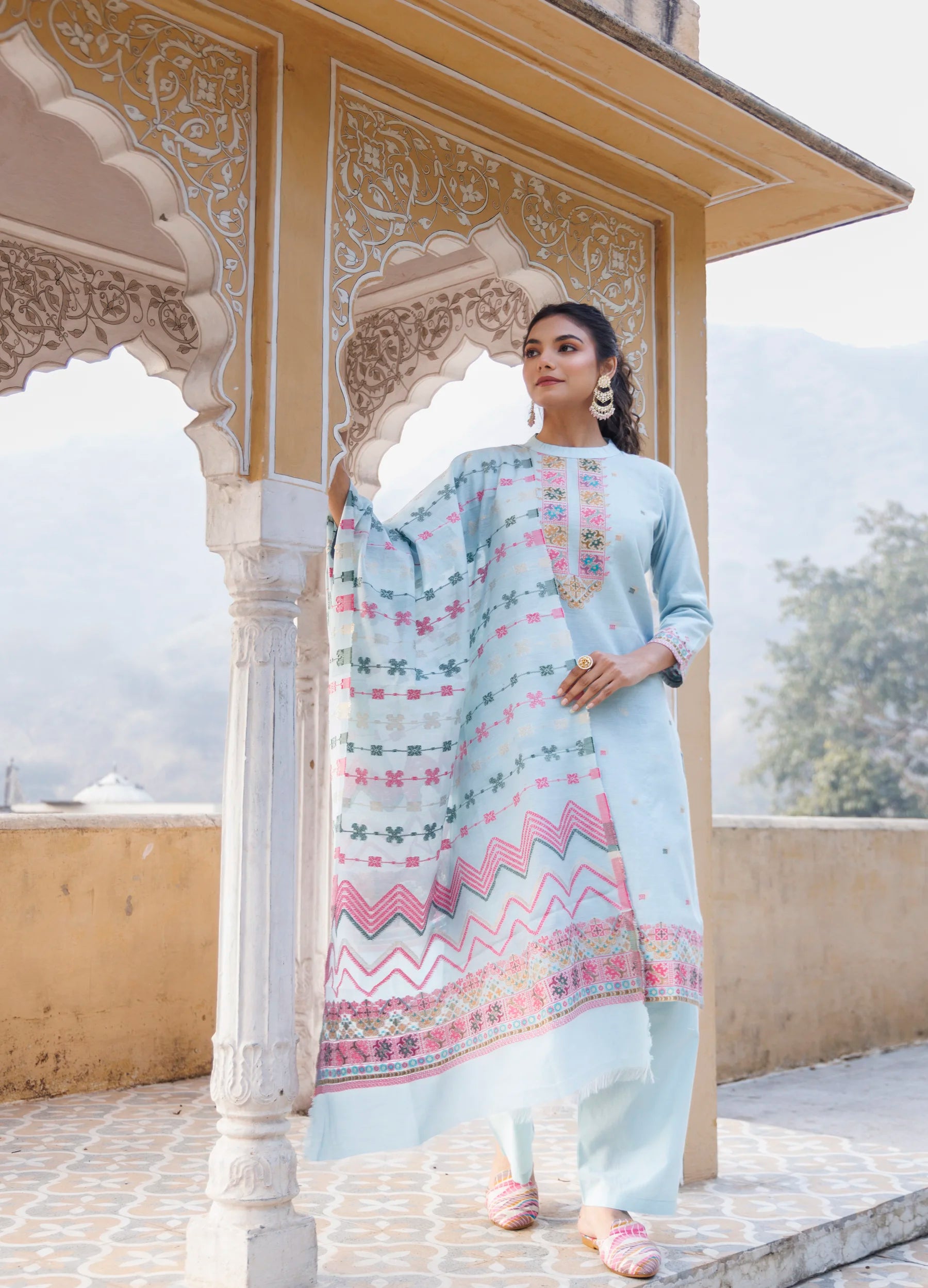 Kidar Ethnic Printed & Embrodered Straight Kurta with Pant & Dupatta - Sky Blue