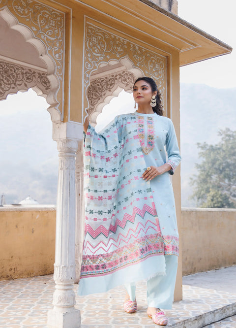 Kidar Ethnic Weave & Embordered Straight Kurta with Pant & Dupatta - Sky Blue