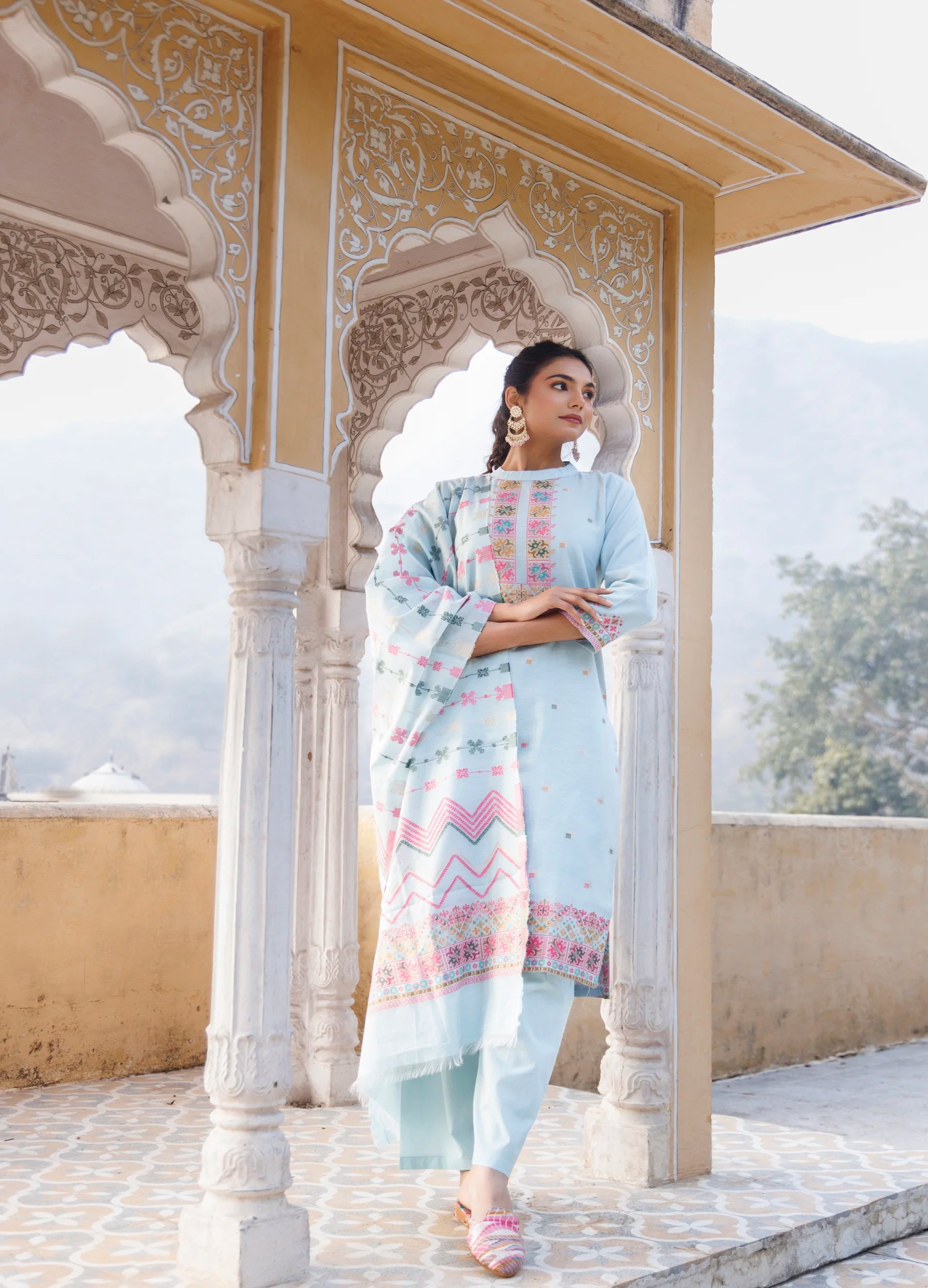 Kidar Ethnic Printed & Embrodered Straight Kurta with Pant & Dupatta - Sky Blue