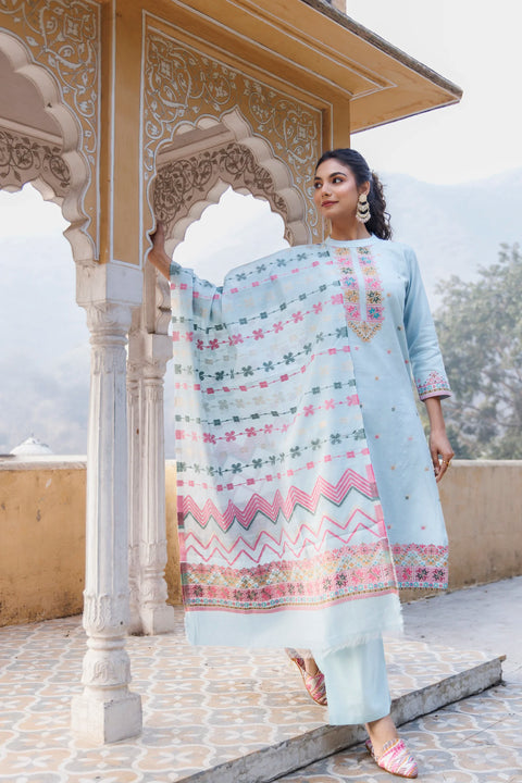 Kidar Ethnic Weave & Embordered Straight Kurta with Pant & Dupatta - Sky Blue