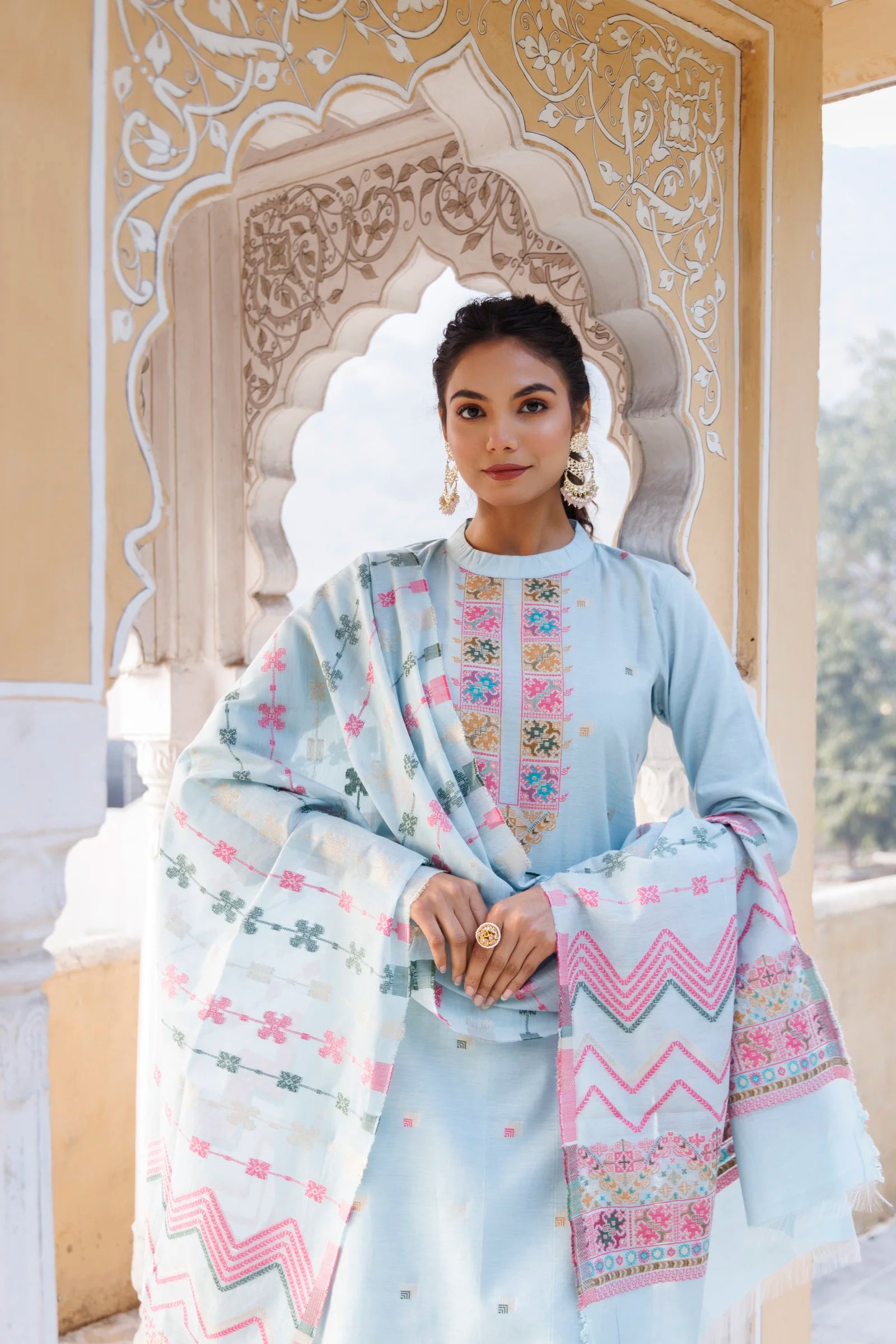 Kidar Ethnic Printed & Embrodered Straight Kurta with Pant & Dupatta - Sky Blue