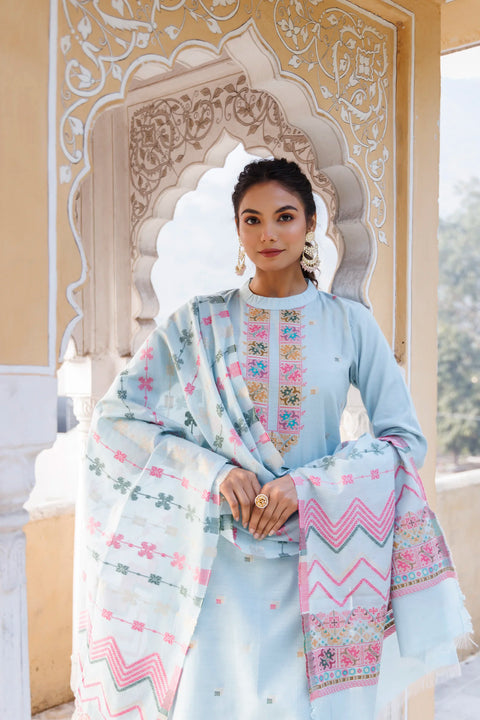 Kidar Ethnic Weave & Embordered Straight Kurta with Pant & Dupatta - Sky Blue