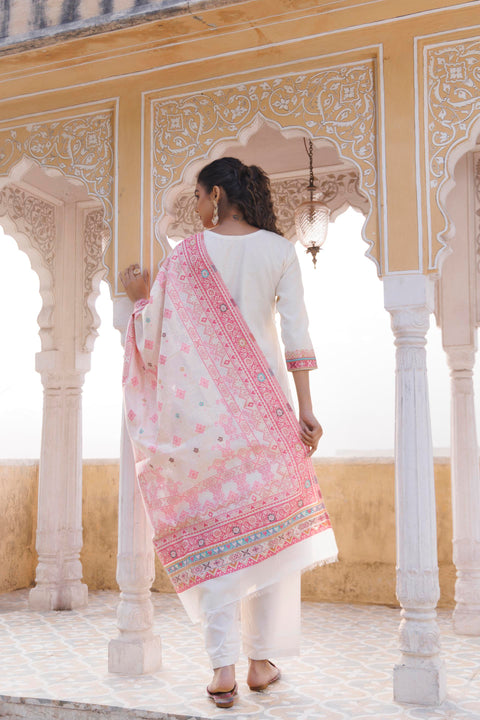 Kidar Floral Weave Kurta with Pants & Dupatta - White