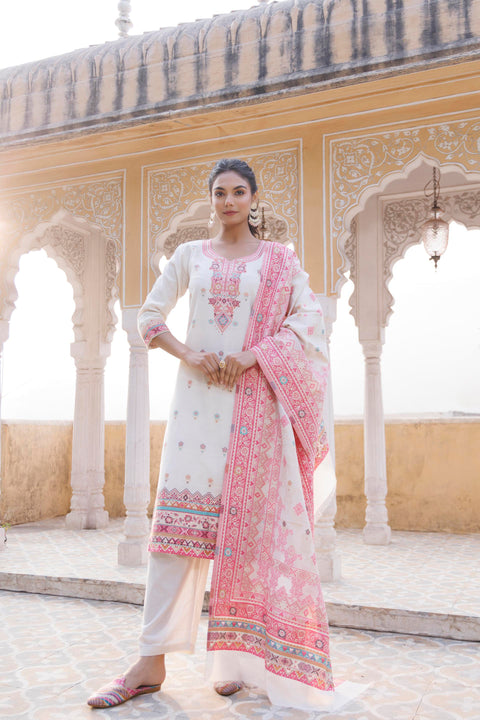 Kidar Floral Weave Kurta with Pants & Dupatta - White