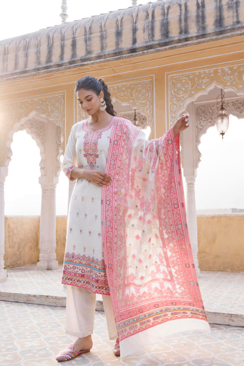 Kidar Floral Weave Kurta with Pants & Dupatta - White