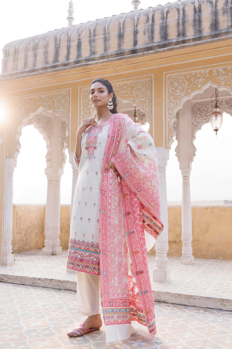 Kidar Floral Weave Kurta with Pants & Dupatta - White