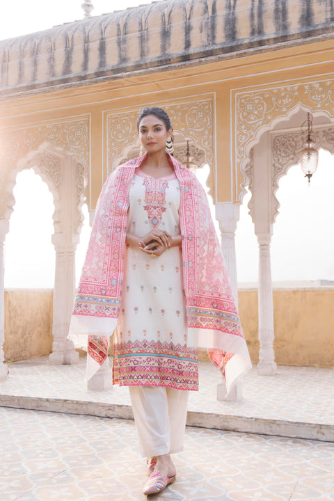 Kidar Floral Weave Kurta with Pants & Dupatta - White