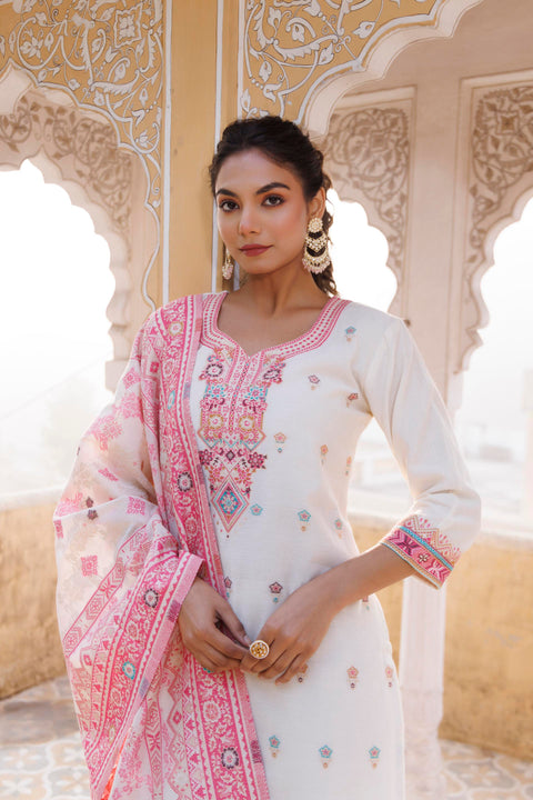 Kidar Floral Weave Kurta with Pants & Dupatta - White