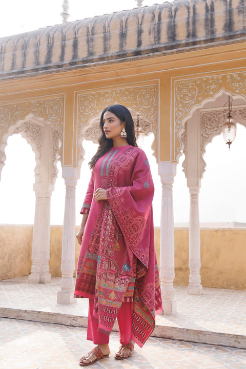 Kidar Ethnic Weave & Embordered Straight Kurta with Pant & Dupatta - Magenta