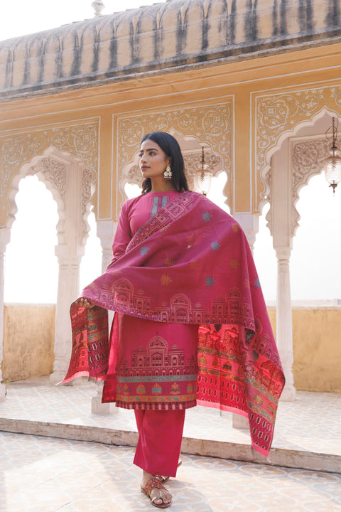 Kidar Ethnic Weave & Embordered Straight Kurta with Pant & Dupatta - Magenta