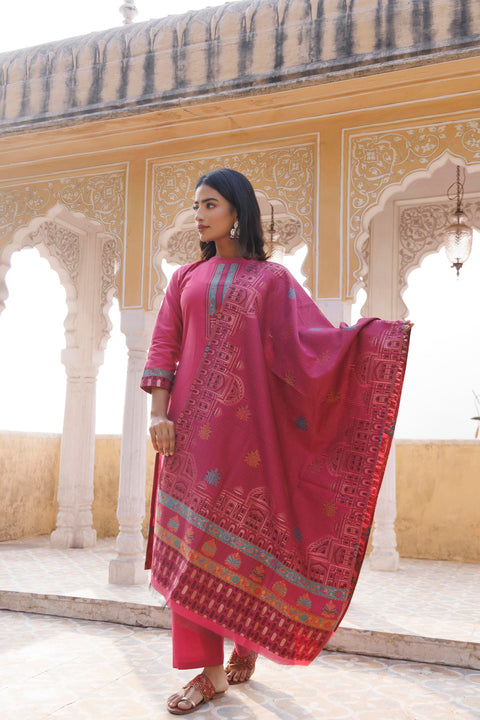 Kidar Ethnic Weave & Embordered Straight Kurta with Pant & Dupatta - Magenta