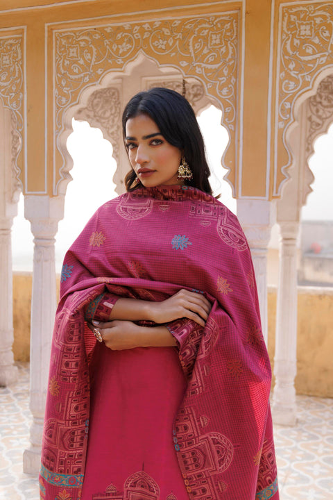 Kidar Ethnic Weave & Embordered Straight Kurta with Pant & Dupatta - Magenta