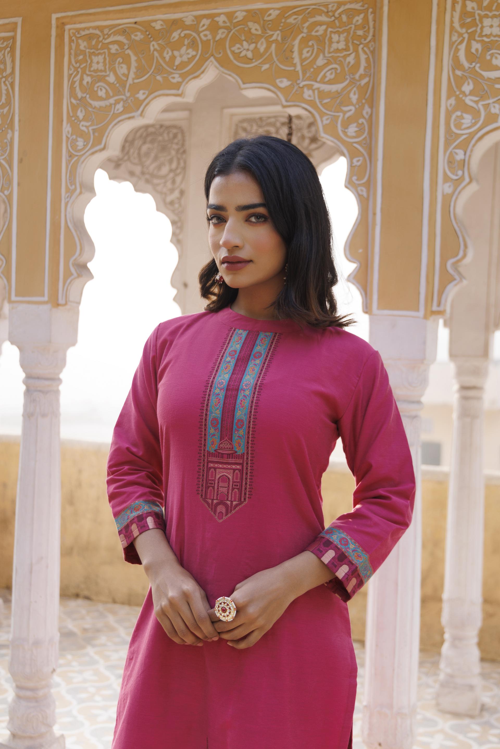 Kidar Ethnic Printed & Embrodered Straight Kurta with Pant & Dupatta - Margenta