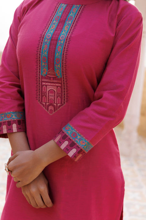 Kidar Ethnic Weave & Embordered Straight Kurta with Pant & Dupatta - Magenta