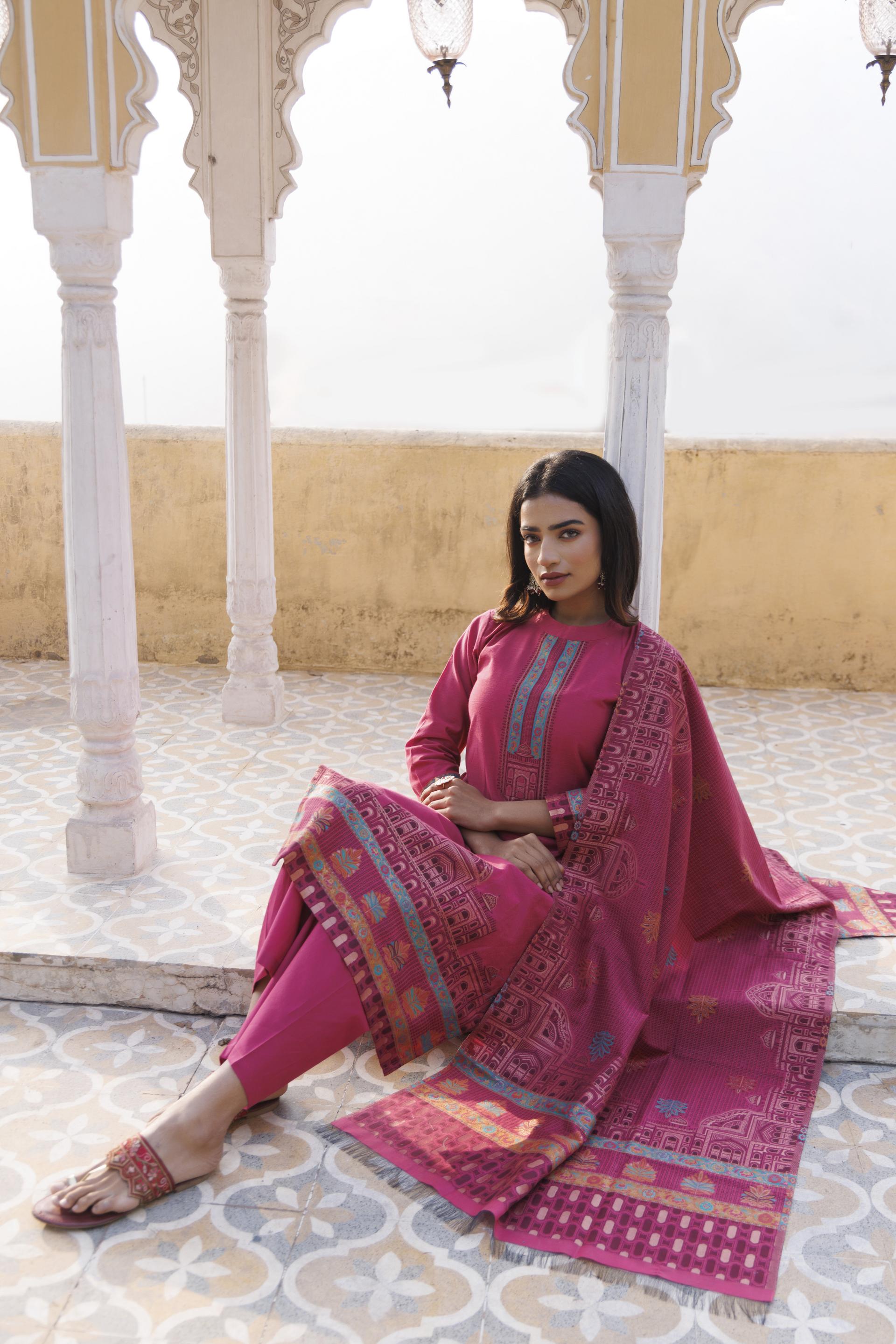 Kidar Ethnic Printed & Embrodered Straight Kurta with Pant & Dupatta - Margenta