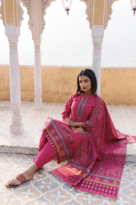 Kidar Ethnic Weave & Embordered Straight Kurta with Pant & Dupatta - Magenta