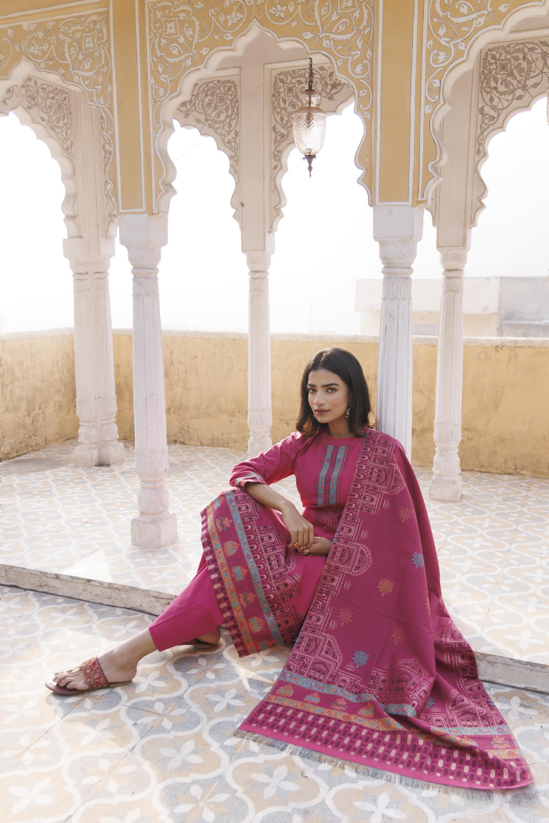 Kidar Ethnic Printed & Embrodered Straight Kurta with Pant & Dupatta - Margenta