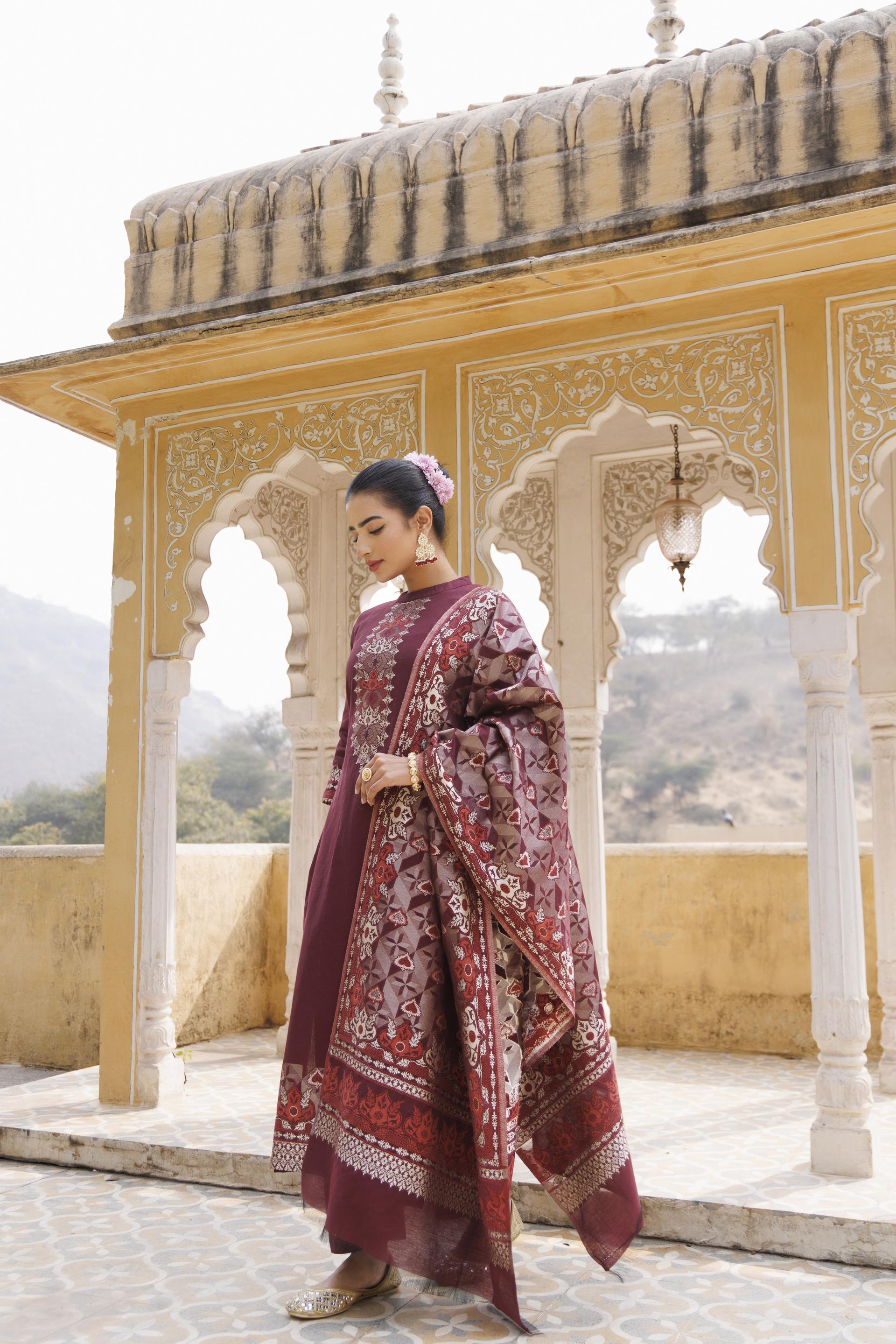 Kidar Floral Printed Kurta with Pants & Dupatta - Wine