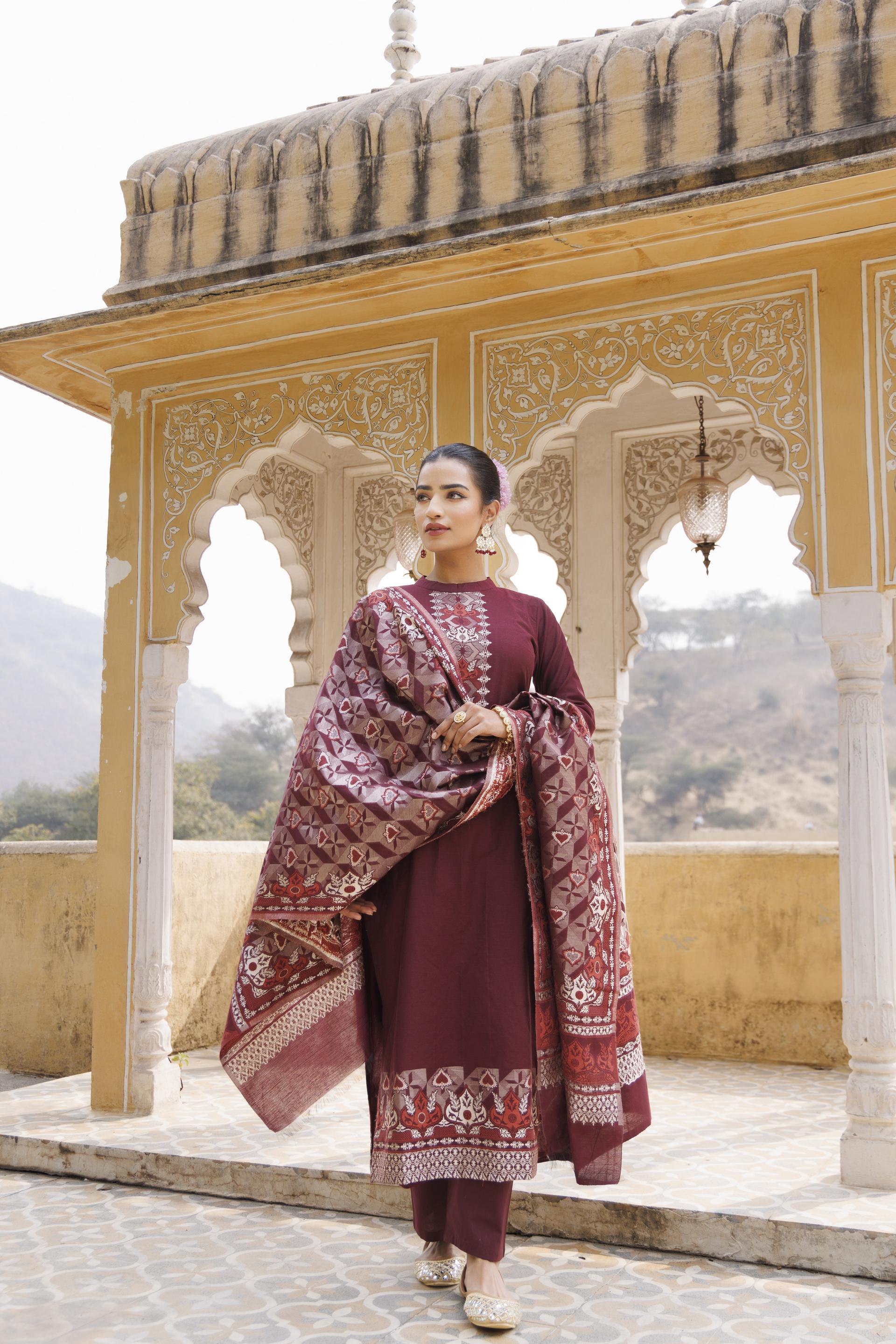 Kidar Floral Printed Kurta with Pants & Dupatta - Wine